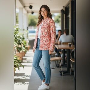 Orvis Quilted Reverse Jacket In A Paisley Floral Print Cream Burn Orange